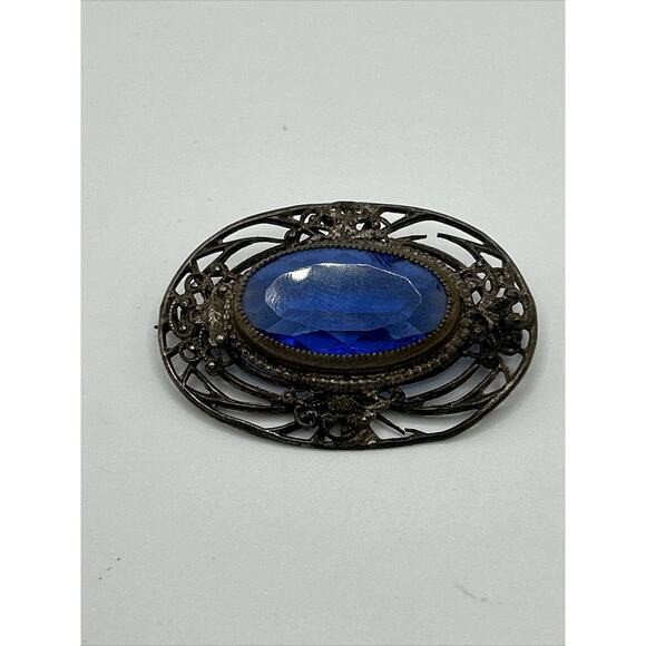 Vintage Cobalt Blue Glass Oval Brooch Pin Metal Unsigned - Picture 3 of 10